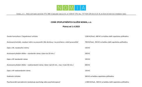 Ceník zpoplatněných služeb NOMIA, z.ú._od 1.4.2023